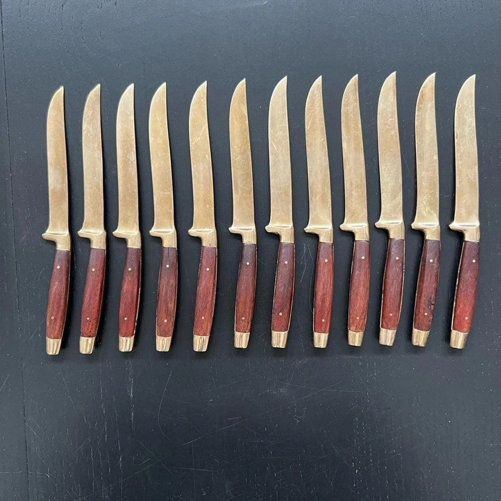 Vintage Brass Flatware Set of Knives Brass with Wood Grain Handle MCM 14pc